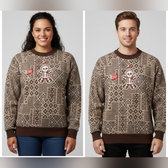 Vintage Unisex Christmas Skeleton Cookie Lover Brown, Tan, White Sweater Size L - Picture 1 of 11